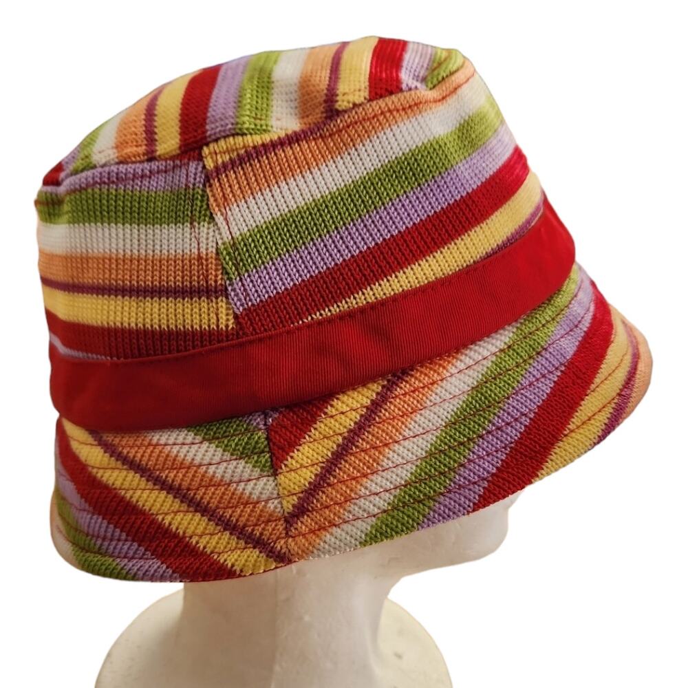 The Sak Knit Red Multi Color Rainbow Stripe Bucket Sun Beach Resort Hat NWOT
